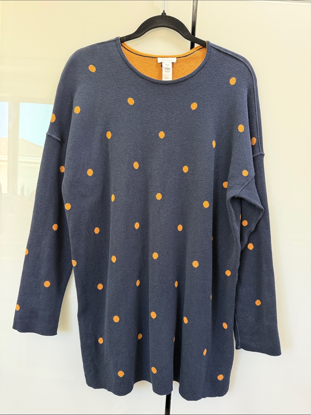 J. Jill Navy reversible Crewneck Sweater with Orange Polka Dots